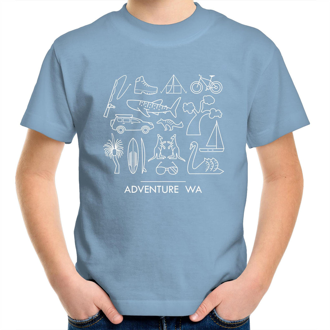 Kid's blue t-shirt adventure WA icons
