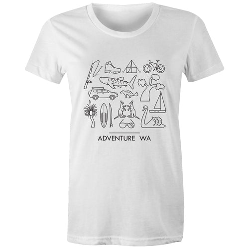 Adventure WA white t-shirt women's black icons balga