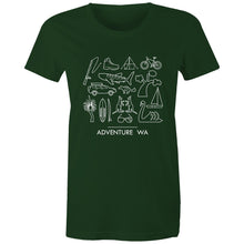 Load image into Gallery viewer, Adventure WA women&#39;s t-shirt green white print bicycle
